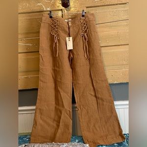 Anthropologie Linen Lace Detail Wide Leg Pant